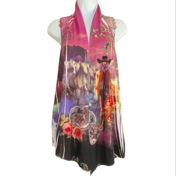 Vintage Boho Western Cowgirl Horse Crochet Vest Medium - Picture 3 of 8